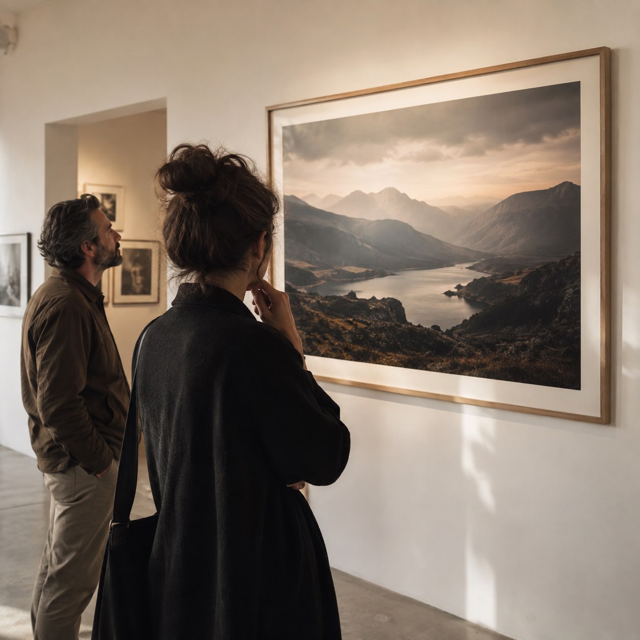 Visitatori scoprono una fotografia di paesaggio in galleria